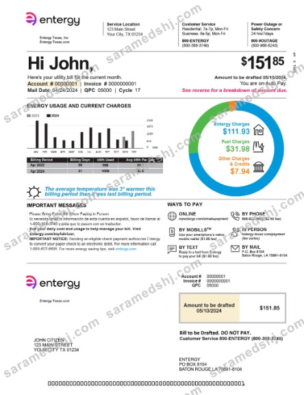 USA Texas entergy utility bill 2pages in PSD format page 1